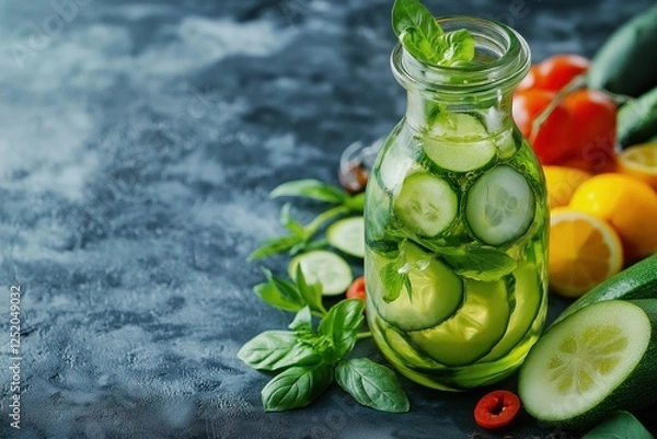 Fototapeta Refreshing cucumber and basil beverage with colorful fruits on a dark background