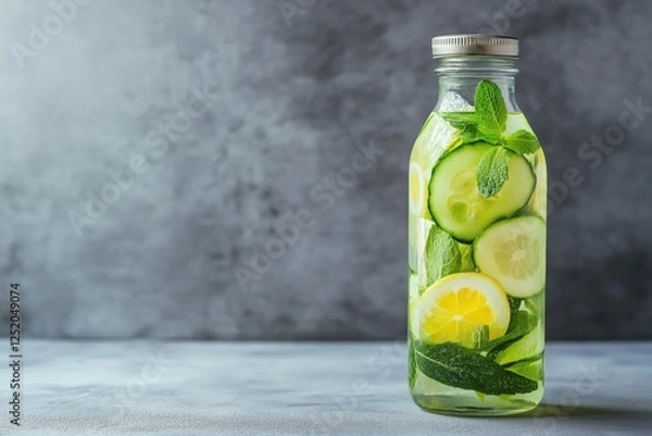Fototapeta Refreshing homemade cucumber and lemon infused water in a glass bottle