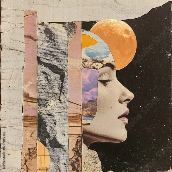 Fototapeta Unique artwork showcasing a woman's profile against a surreal cosmic background with landscapes