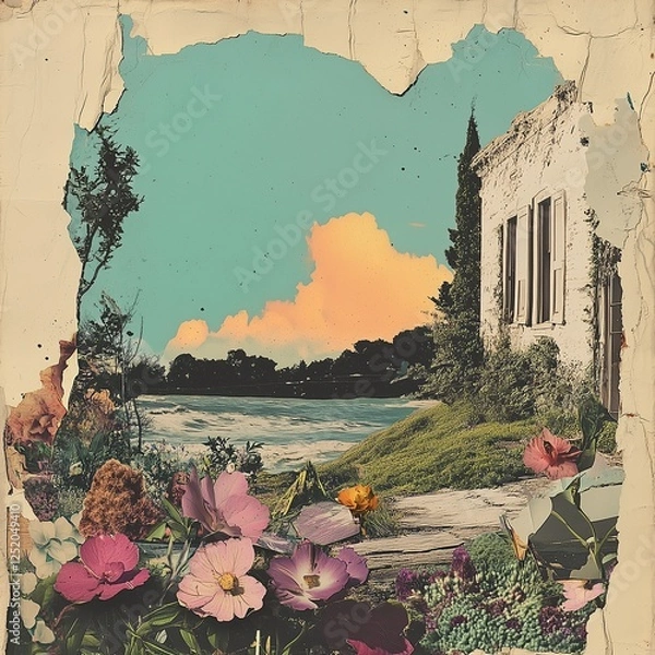 Fototapeta Beautiful landscape with vibrant flowers and an old building near a serene body of water