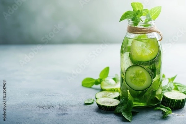 Fototapeta Refreshing cucumber and mint drink in a glass bottle on a textured surface