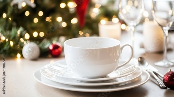 Fototapeta Elegant holiday table setting with white ceramic dinnerware and festive decorations