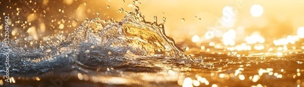 Fototapeta A stunning close-up image of water splashes reflecting golden light, capturing the dynamic beauty of nature. This photo evokes a sense of serenity and movement in the environment.