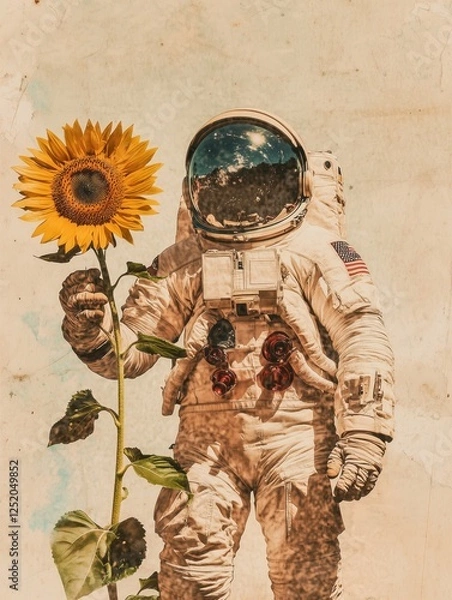 Fototapeta Astronaut holding a sunflower in space backdrop with reflective helmet