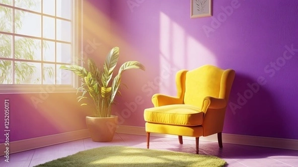 Fototapeta Bright yellow chair in a vibrant purple room with sunlight streaming through a window