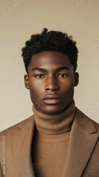 Fototapeta Young man in a stylish outfit poses against a neutral background for a portrait session