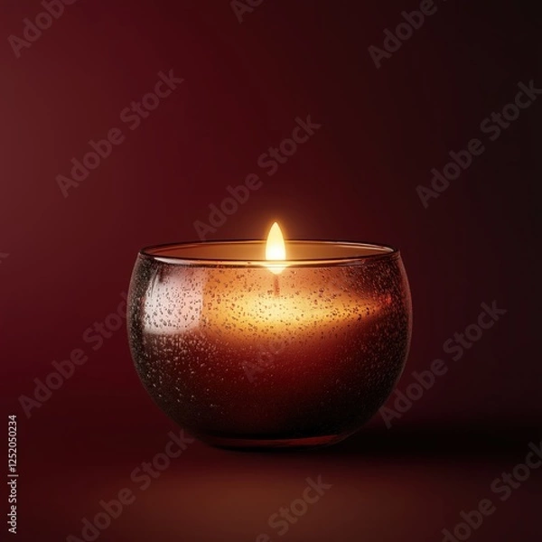 Fototapeta Candlelight flickers softly in a decorative glass holder against a deep red background