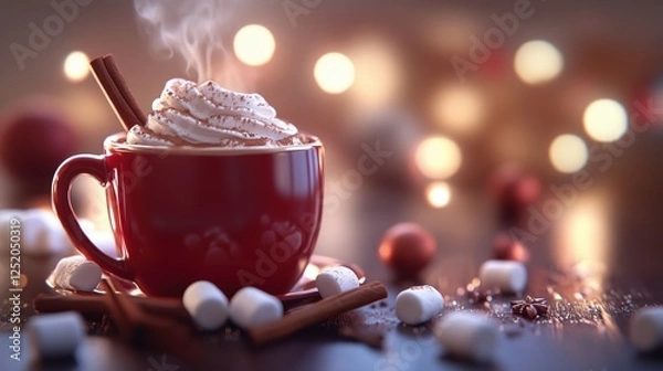 Fototapeta Warm cup of hot chocolate with whipped cream and spices during winter holiday season