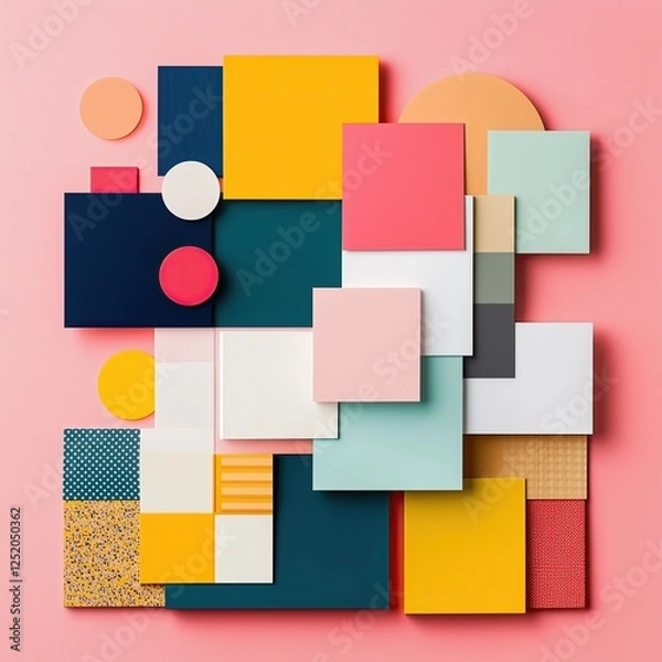 Fototapeta Colorful geometric shapes arranged on a pink background showcasing modern design elements
