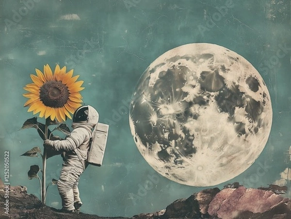 Fototapeta Astronaut holding a sunflower under the moonlit sky in a surreal cosmic landscape