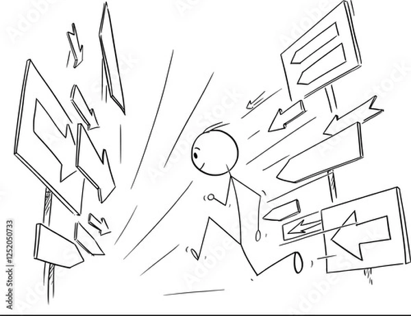 Fototapeta Person running in direction following arrows, vector cartoon stick figure or character illustration.