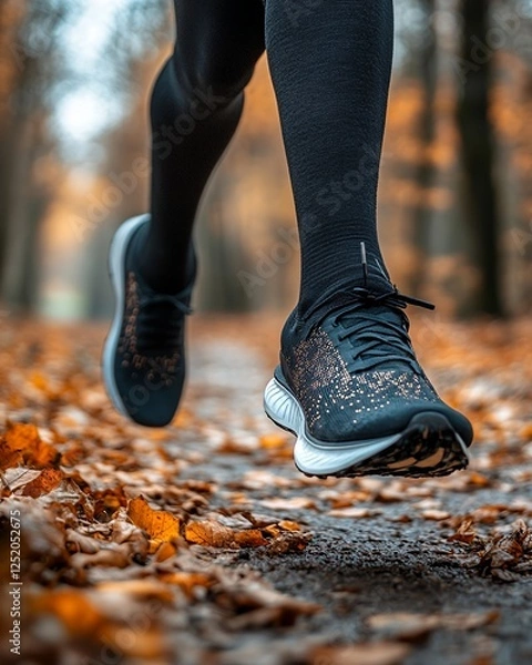 Fototapeta Healthy Individual Jogging Along a Path Surrounded by Autumn Foliage in a Peaceful Forest Setting