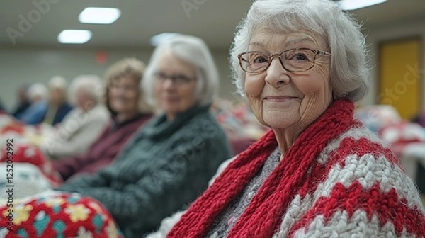 Fototapeta Elderly Women Gather in a Community Center for a Social Event While Enjoying Handcrafted Blankets and Each Other's Company