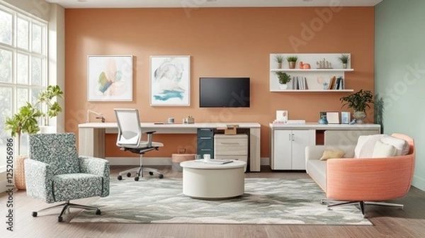 Fototapeta Modern home office with comfortable seating and storage