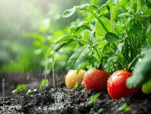 Fototapeta Freshly watered vegetable garden with glistening droplets on leaves and vibrant tomatoes in a lush setting. Generative AI