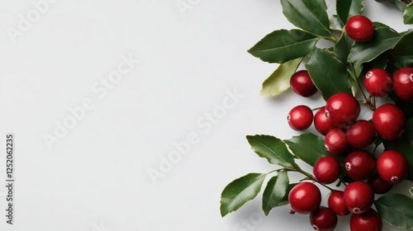 Fototapeta Fresh Red Cranberries with Green Leaves on White Background for Culinary and Design Use