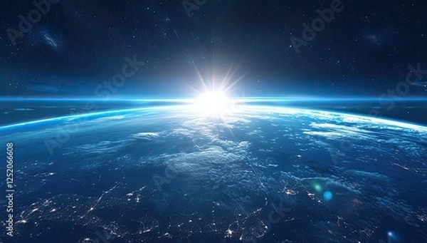 Fototapeta Vast expanse of earth seen from space, with a bright sunrise or sunset over the horizon, and scattered stars visible in the dark space surrounding it, showcasing the earth's blue and white tones