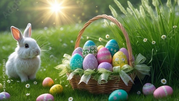 Obraz Hase neben einem Korb mit bunten Eiern