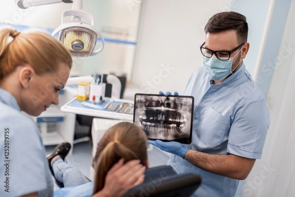 Fototapeta Dentist Discussing X-Ray Results With Patient In Clinic