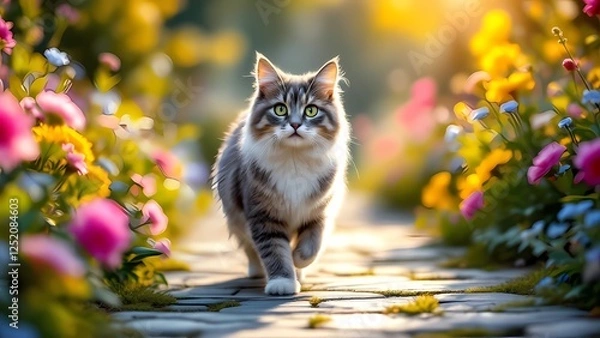 Obraz A Curious Cat Strolls Down a Rustic Brick Path, Blending Nature and Architecture in a Delightful Scene