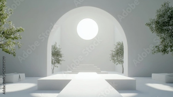 Fototapeta Minimalist White Architecture With Trees And Platform