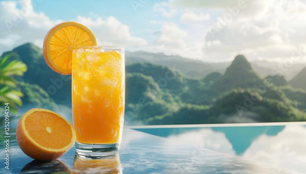 Obraz Refreshing orange juice beside scenic infinity pool with mountain view
