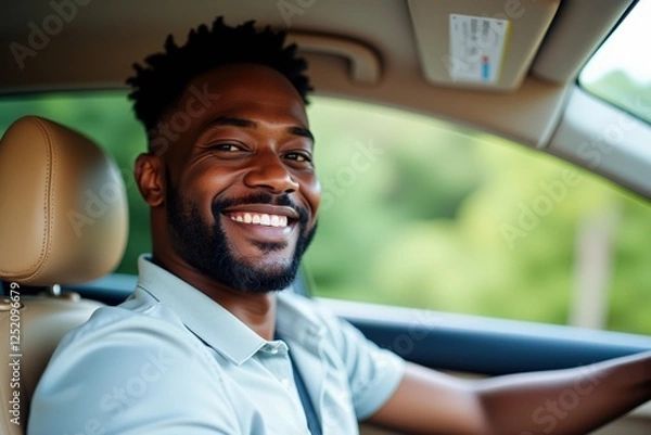 Fototapeta A Joyful Man Driving a Vehicle with a Smile in Nature's Scenic Background on a Bright Day