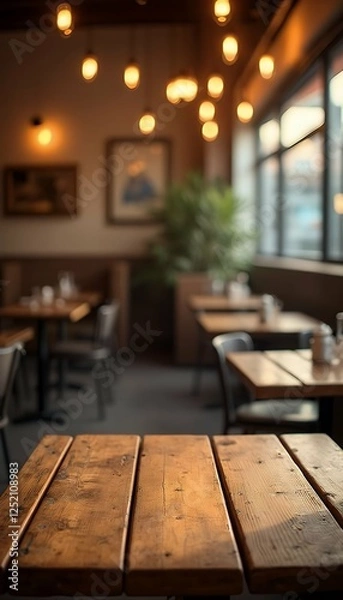 Fototapeta wooden empty space interior platform tone blurry restaurant table defocused vintage eatery display table platform background blur cafes people hot drink shop abstract blurred bar interior surface