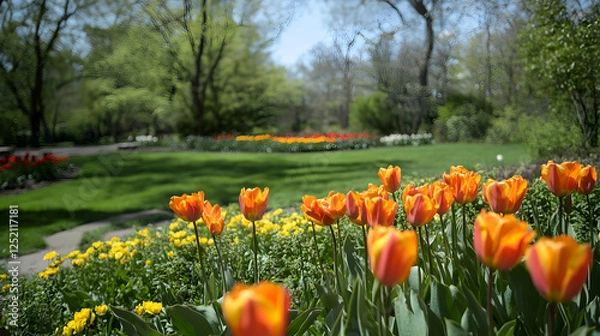 Fototapeta Bright orange and yellow flowers bloom in a lush garden surrounded by greenery during a sunny day in early spring