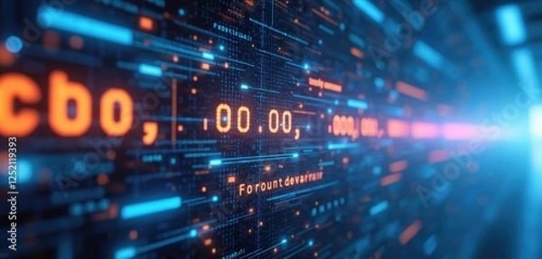 Fototapeta Illustration of futuristic tech electronic market data background. Big data visualization, analysis. Blue, orange glow energy data fractal elements. Perfect for tech, IT company presentation.