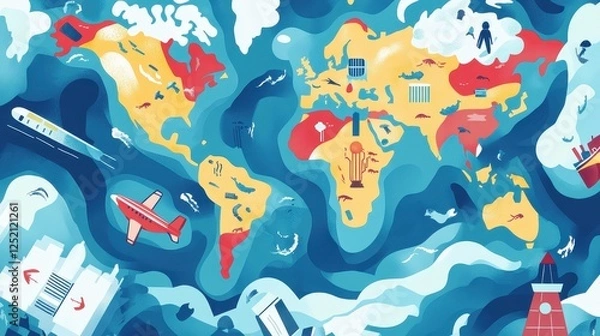 Fototapeta World pandemic response strategy flat design top view emergency preparedness theme water color vivid