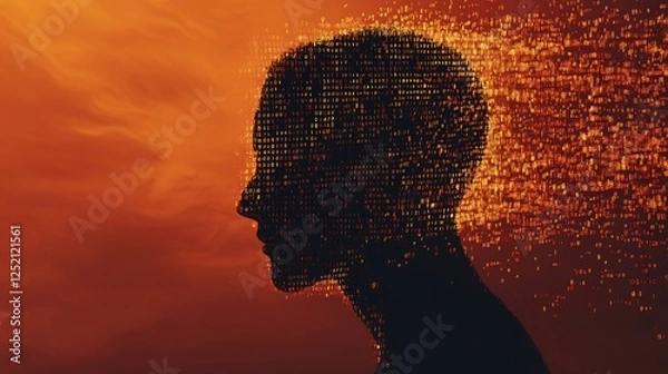 Fototapeta Digital Mind: Silhouette of a human head composed of binary code on orange background