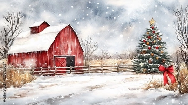 Fototapeta Watercolor winter scene featuring a red barn and decorated Christmas tree on snowy land
