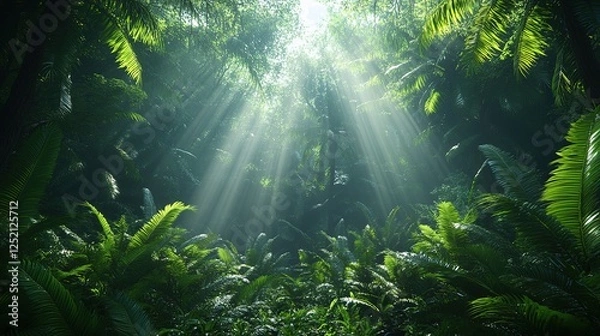 Obraz Sunlight filtering through lush green ferns tropical forest nature photography mystical environment vertical view serenity concept