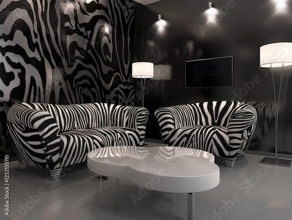 Fototapeta Sleek monochromatic room features zebra-patterned furniture and wallpaper, creating a modern, bold aesthetic with soft ambient lighting.