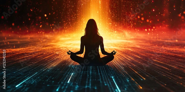 Fototapeta Holographic universe forming in colorful high vibration frequency around a woman sitting in a silhouetted meditation pose 