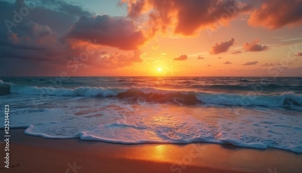 Obraz Sunset over ocean with wave. Waves crashing on shore, nature scene on beach, sun goes below horizon. Dusk sunrise dawn on coastline. Seascape with cloud, sky landscape. Tropical vacation background
