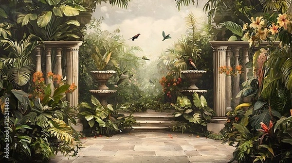 Fototapeta Classic Roman garden mural featuring exotic birds, flowers, and lush greenery in a serene setting