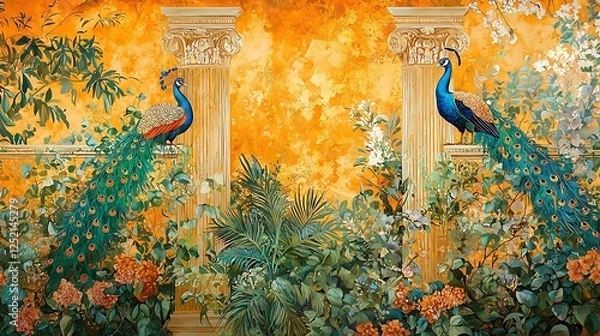 Fototapeta Luxurious mural a Roman garden, with intricate botanical patterns, peacocks, and vibrant floral designs