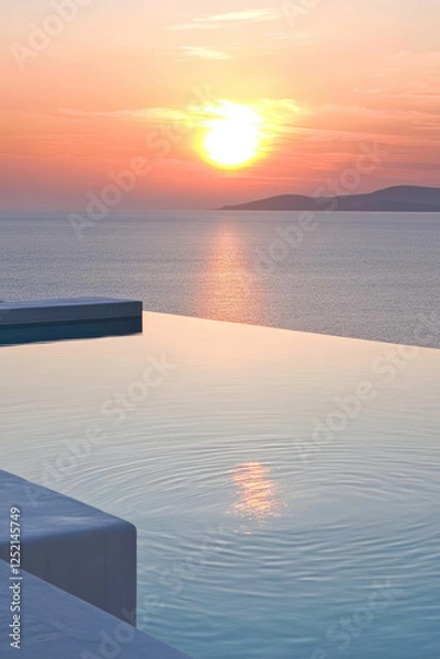 Fototapeta Simple minimal style peaceful modern tranquil view of a country villa outdoor pool against a sunset sky. The sun is reflected in the calm water