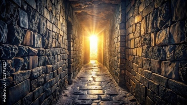 Fototapeta A beam of light illuminates a narrow, dark passageway, casting an ethereal glow on the surrounding stone walls and debris