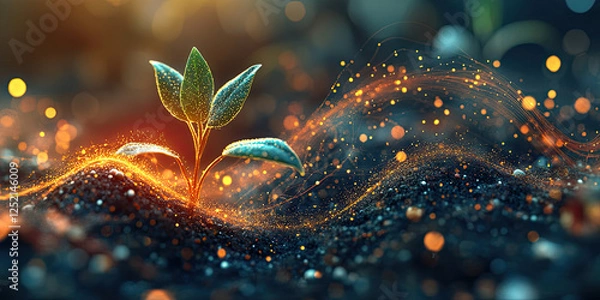 Fototapeta Holographic universe forming around a seedling plant in waves and particles with colorful vibration frequency