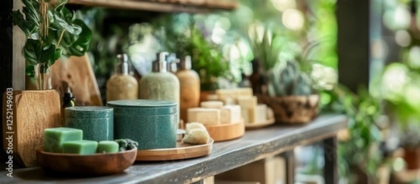 Fototapeta Eco-Friendly Bath Products on Rustic Shelf, Serene Spa Display