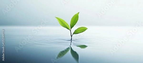 Fototapeta Serene Sprout in Water Ripples: Minimal Growth and New Beginning