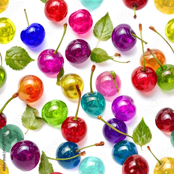Obraz glass cherries of different colors on white background.
Seamless pattern.AI generated