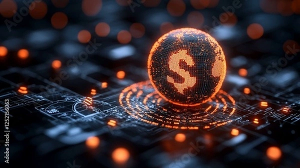 Obraz Digital globe with dollar sign over circuit board; global finance concept; stock photo