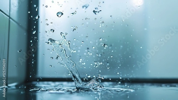 Fototapeta Water splash creating droplets in mid-air with a clear blue background demonstrating fluid motion and dynamic nature