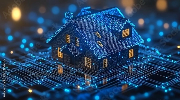 Fototapeta Digital home on circuit board, futuristic technology background, possible use in tech innovation