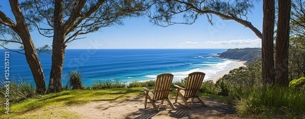 Fototapeta Serene Coastal View with Adirondack Chairs