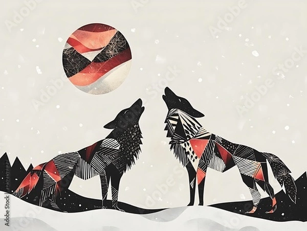 Fototapeta Illustrated poster abstract wolves with geometric fur patterns howling at a minimalistic moon, Swiss design